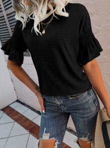 SHEIN Unity 打褶荷葉袖T恤 - 黑色 - 查看 3