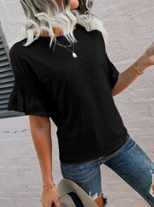 SHEIN Unity 打褶荷葉袖T恤 - 黑色 - 查看 4