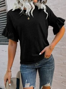 SHEIN Unity 打褶荷葉袖T恤 - 黑色 - 查看 5