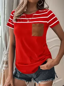 SHEIN LUNE Camiseta de rayas con bolsillo delantero - Rojo - Ver 1