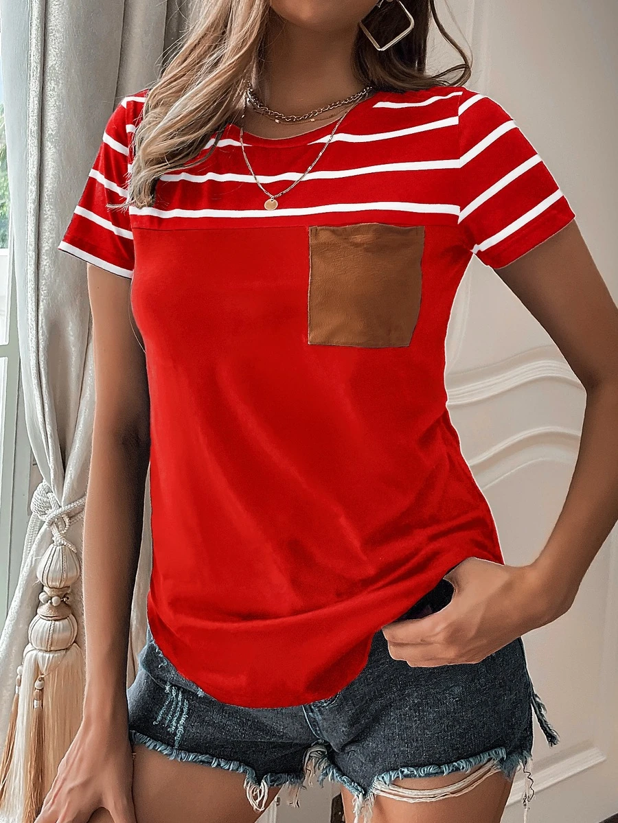 SHEIN LUNE Camiseta de rayas con bolsillo delantero - Rojo - Ver 1
