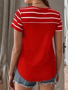 SHEIN LUNE Camiseta de rayas con bolsillo delantero - Rojo - Ver 2