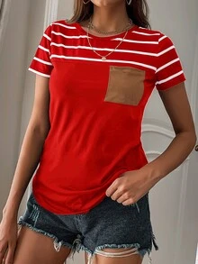 SHEIN LUNE Camiseta de rayas con bolsillo delantero - Rojo - Ver 3