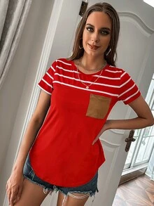 SHEIN LUNE Camiseta de rayas con bolsillo delantero - Rojo - Ver 6