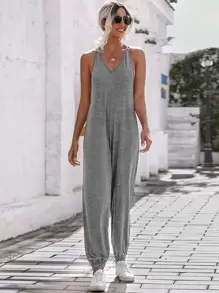 SHEIN LUNE Áo liền quần nữ màu trơn Giải trí - Xám - Xem 1