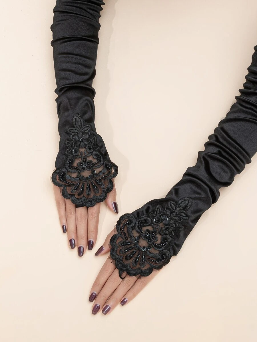 1 Pair Black Beaded Floral Trim Satin Long Gloves - Black - View 1