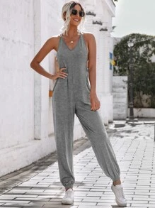 SHEIN LUNE Áo liền quần nữ màu trơn Giải trí - Xám - Xem 5