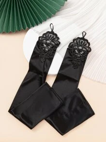 1 Pair Black Beaded Floral Trim Satin Long Gloves - Black - View 4