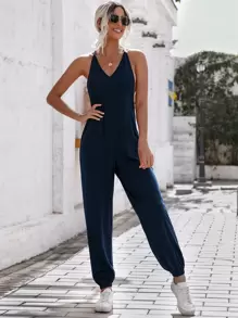 SHEIN LUNE 後鎖孔吊帶連體褲 - 藏蓝色 - 查看 3