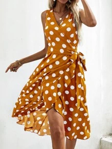 SHEIN VCAY Polka Dot Knot Side Wrap Dress - Yellow - View 1