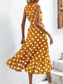 SHEIN VCAY Polka Dot Knot Side Wrap Dress - Yellow - View 2