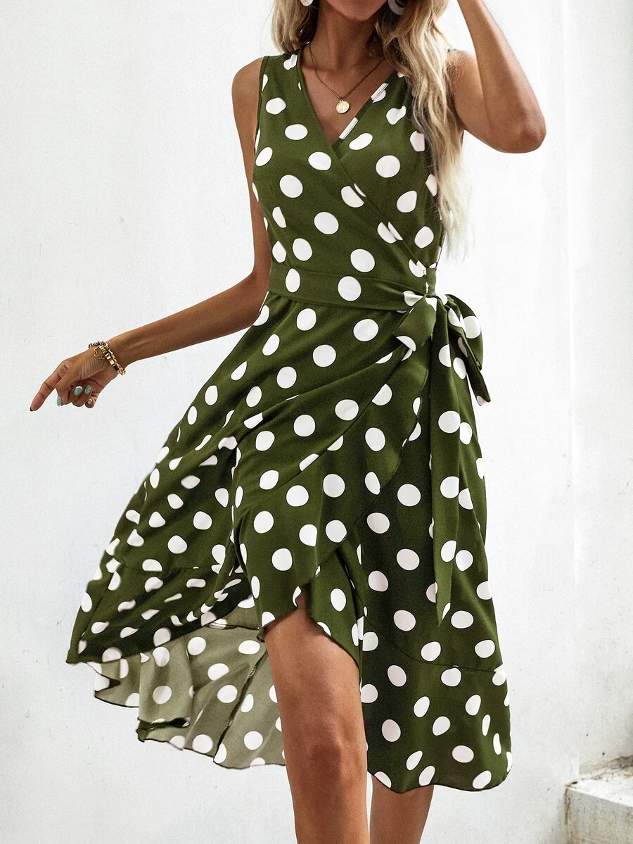 SHEIN VCAY Polka Dot Knot Side Wrap Dress - Army Green - View 1