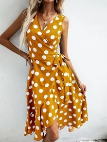 SHEIN VCAY Polka Dot Knot Side Wrap Dress - Yellow - View 4