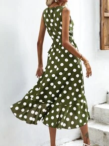 SHEIN VCAY Polka Dot Knot Side Wrap Dress - Army Green - View 2