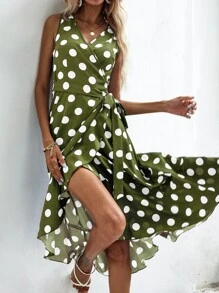 SHEIN VCAY Polka Dot Knot Side Wrap Dress - Army Green - View 3