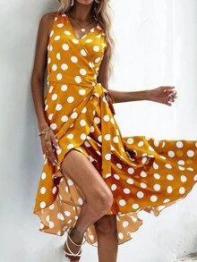SHEIN VCAY Polka Dot Knot Side Wrap Dress - Yellow - View 6