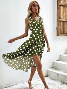 SHEIN VCAY Polka Dot Knot Side Wrap Dress - Army Green - View 4