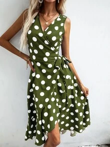 SHEIN VCAY Polka Dot Knot Side Wrap Dress - Army Green - View 6