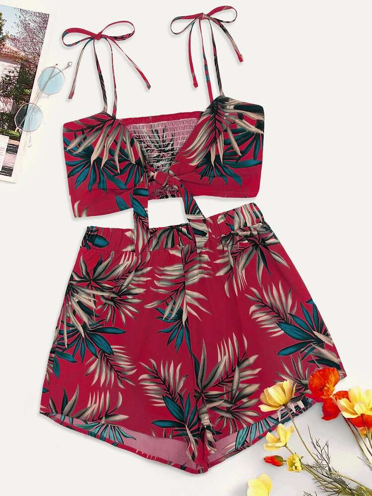 SHEIN VCAY Tropical Print Tie Shoulder Shirred Cami Top With Shorts - Burgundy - View 1