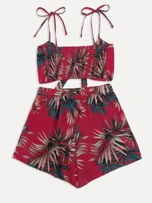 SHEIN VCAY Top de tirante fruncido de hombro con cordón con estampado tropical con shorts - Burdeos - Ver 2