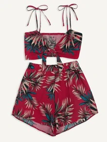 SHEIN VCAY Top de tirante fruncido de hombro con cordón con estampado tropical con shorts - Burdeos - Ver 4