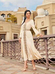 SHEIN Najma Appliques Belted Arabian Dress - Apricot - View 3
