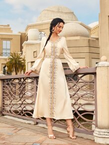 SHEIN Najma Appliques Belted Arabian Dress - Apricot - View 4