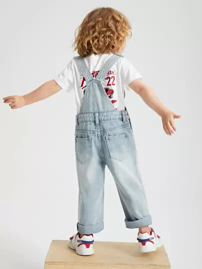 SHEIN Playful Pals 年輕男孩休閒日常西式街頭撕裂貓鬍子可調松緊帶牛仔工裝褲