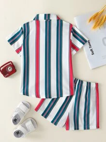 SHEIN 小男童塊狀條紋襯衫和短褲 - 彩色 - 查看 2