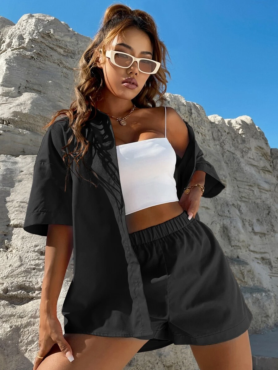 SHEIN Unity Solid Button Through Drop Shoulder Shirt & Shorts - Black - View 1