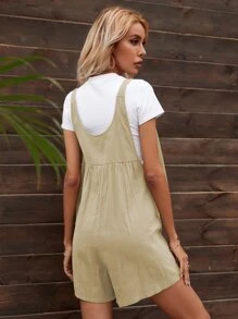 Solid Dual Pocket Overall Romper - Khaki - View 2