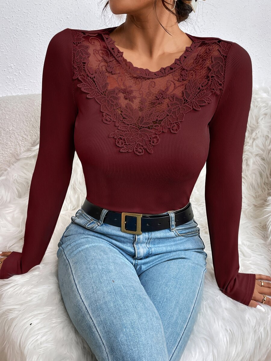 拼接水溶蕾絲條紋針織T恤 - 紫紅色 - 查看 1