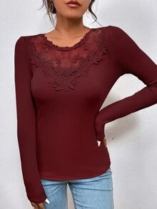 拼接水溶蕾絲條紋針織T恤 - 紫紅色 - 查看 3