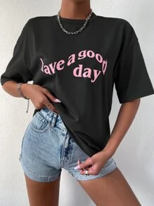 SHEIN Unity Slogan Graphic Drop Shoulder Tee - Black - View 1
