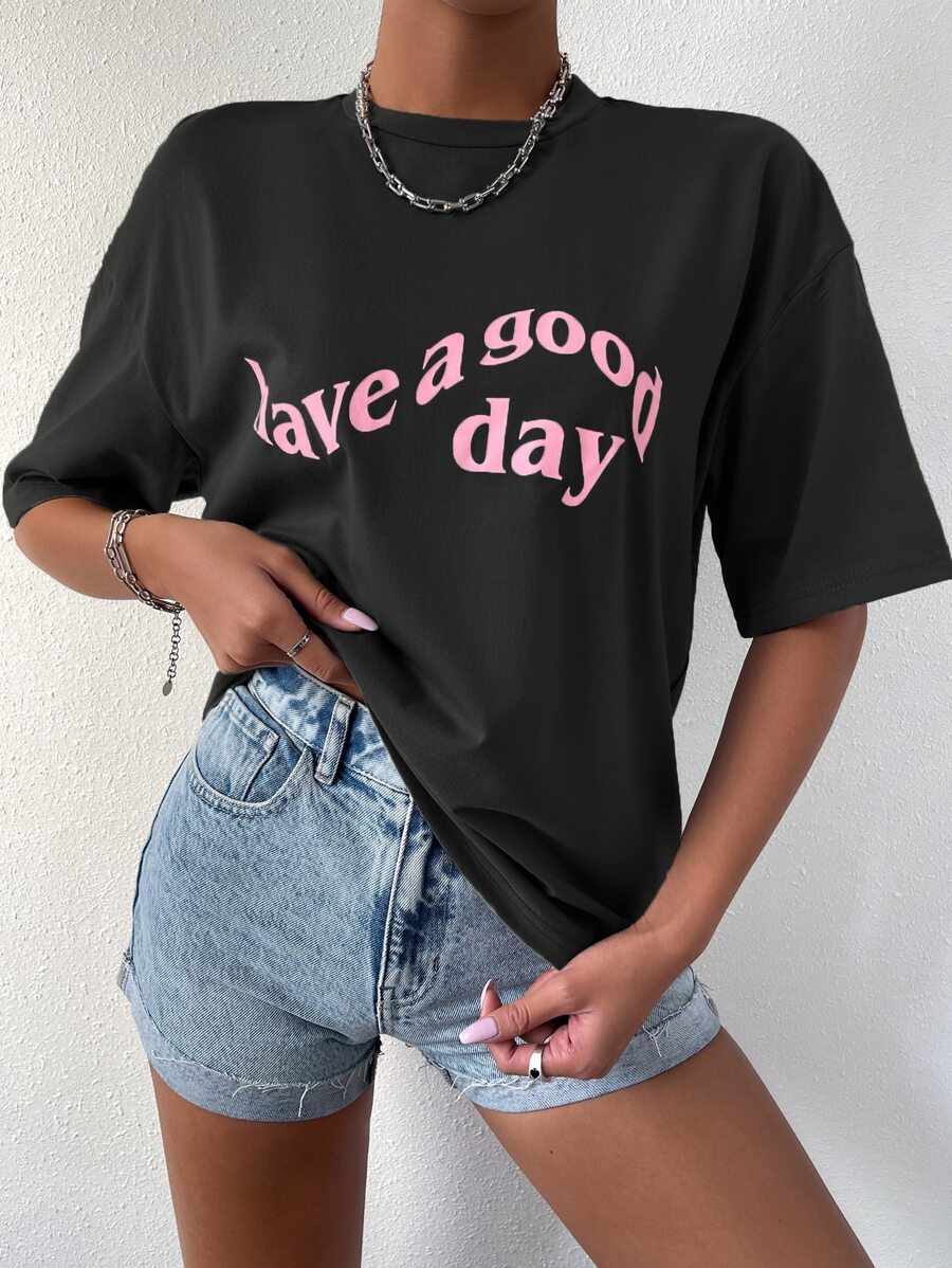 SHEIN Unity Slogan Graphic Drop Shoulder Tee - Black - View 1