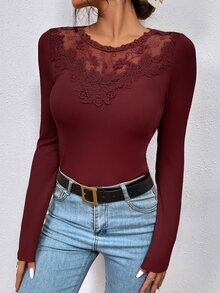 拼接水溶蕾絲條紋針織T恤 - 紫紅色 - 查看 6