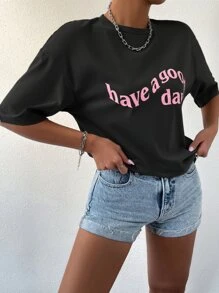 SHEIN Unity Slogan Graphic Drop Shoulder Tee - Black - View 3