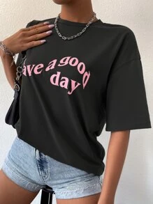 SHEIN Unity Slogan Graphic Drop Shoulder Tee - Black - View 6