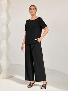 SHEIN Bộ đồ hai mảnh nữ Dây kéo Túi màu trơn Giải trí - màu đen - Xem 1