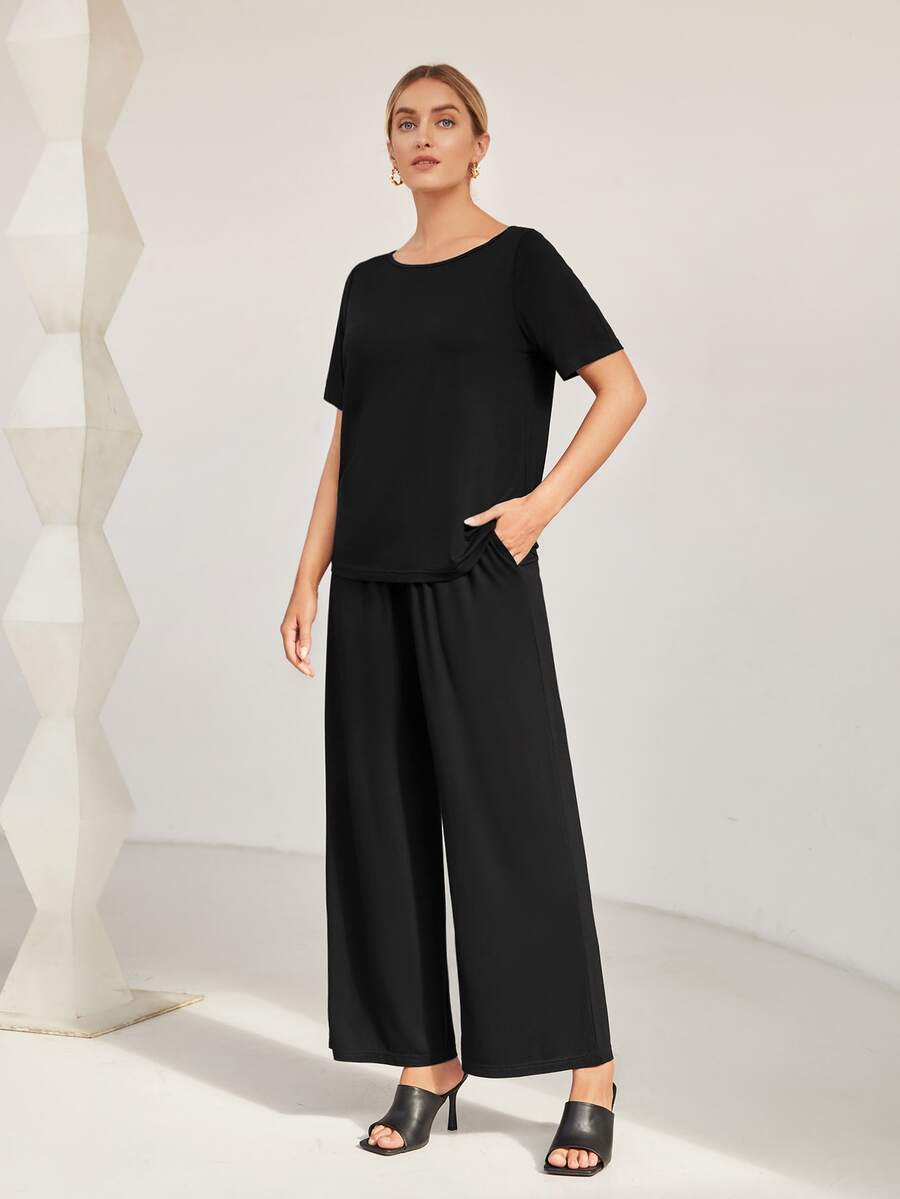 SHEIN Bộ đồ hai mảnh nữ Dây kéo Túi màu trơn Giải trí - màu đen - Xem 1