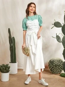 Seusyu Puff Sleeve Top and Ruched Self Belted Cami Dress - Multicolor - View 1