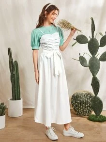 Seusyu Puff Sleeve Top and Ruched Self Belted Cami Dress - Multicolor - View 3