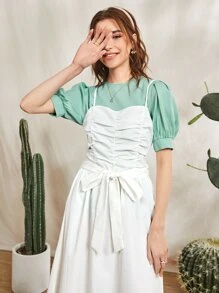 Seusyu Puff Sleeve Top and Ruched Self Belted Cami Dress - Multicolor - View 4