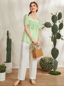 Mulvari Ruched Tie Back Solid Top - Lime Green - View 4