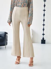 SHEIN Clasi Pantalones de talle alto de pierna amplia con costura con diseño - Caqui - Ver 1