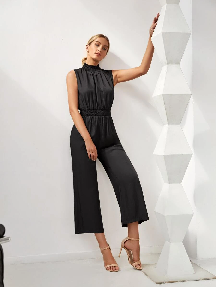 EMERY ROSE Shirred Keyhole Back Jumpsuit - Black - View 1