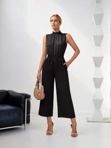 EMERY ROSE Shirred Keyhole Back Jumpsuit - Black - View 5
