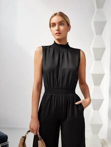 EMERY ROSE Shirred Keyhole Back Jumpsuit - Black - View 6
