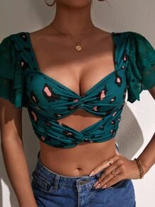 圖案印花前扭結刺繡蝴蝶袖後背繫帶短款上衣 - 彩色 - 查看 1