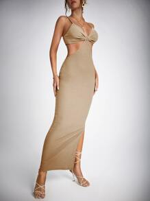 SHEIN Tall Vestido ajustado pecho con fruncido de muslo con abertura de espalda abierta - Caqui - Ver 3